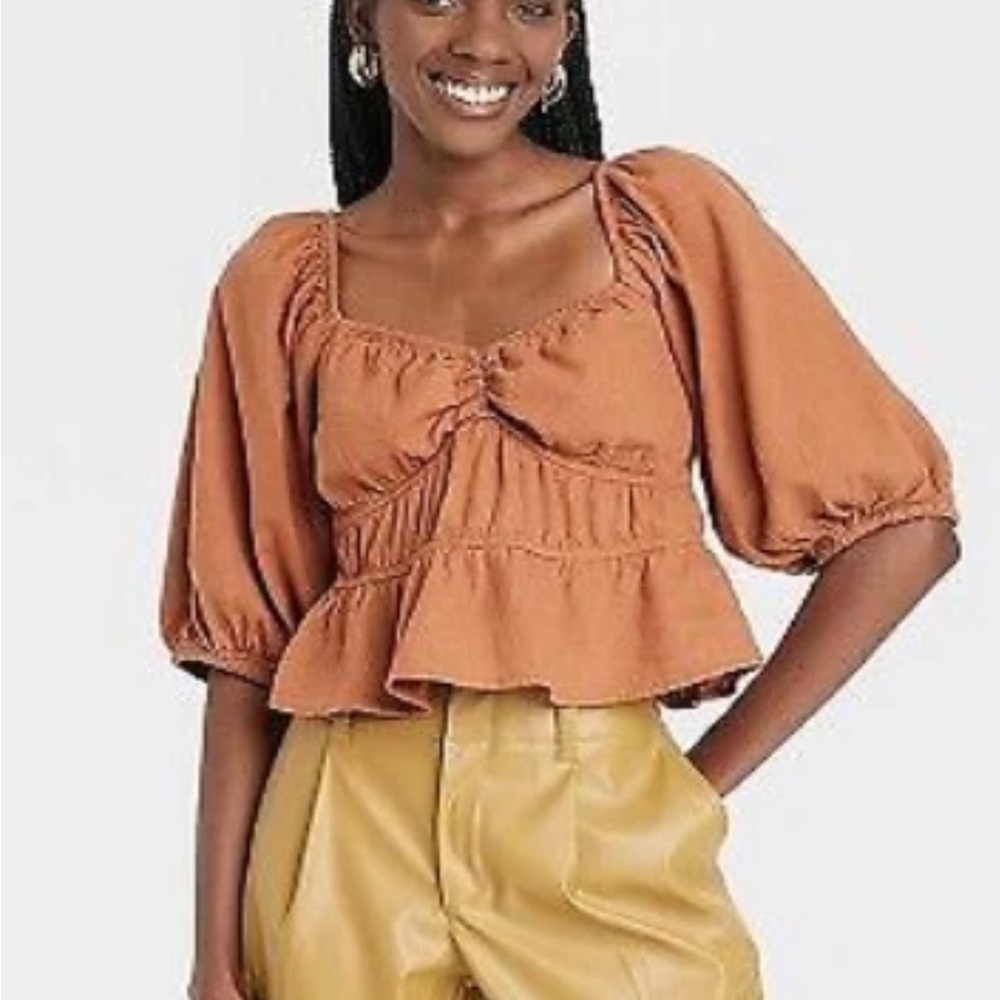 A New Day Rust Puff Sleeve Top. Women’s Sz-M Cropped | Neutral | Peplum | EUC